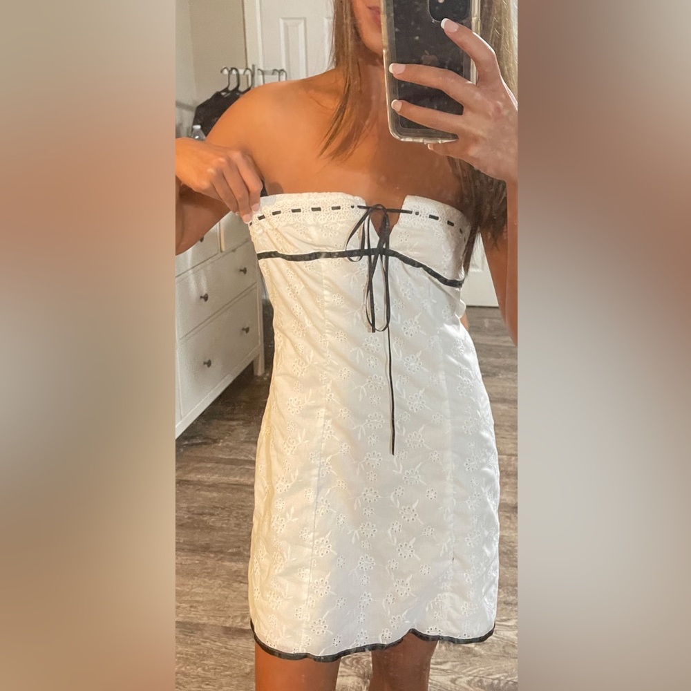 White Eyelet Strapless Dress with Black Ribbon